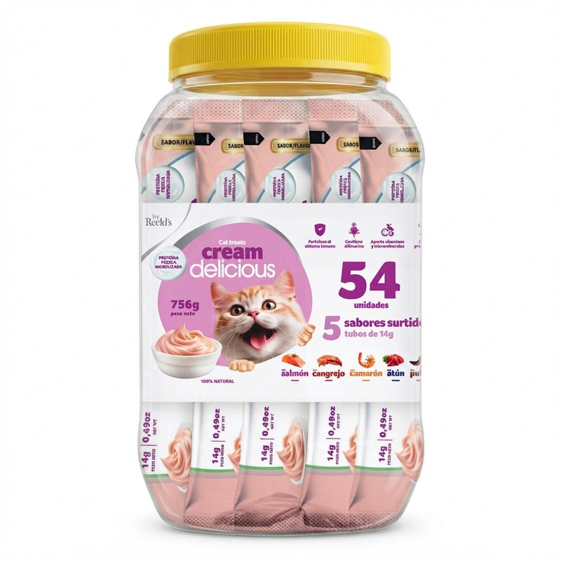 Bombonera Cream Delicious – Snack Cremoso para Gatos 54 unidades (5 sabores: Salmón, Camarón, Atún, Pulpo y Cangrejo) 🐟🦐🐙🐚