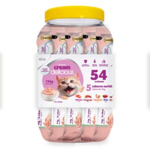 Bombonera Cream Delicious – Snack Cremoso para Gatos 54 unidades (5 sabores: Salmón, Camarón, Atún, Pulpo y Cangrejo)